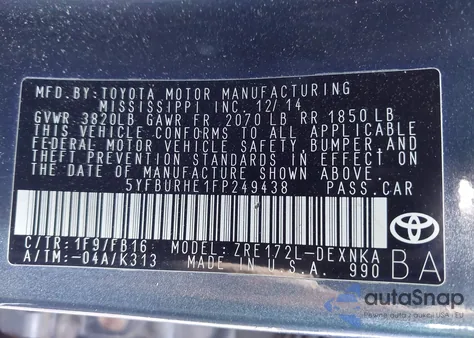 2015 Toyota Corolla Le Plus из США, поврежденный, VIN 5YFBURHE1FP249438